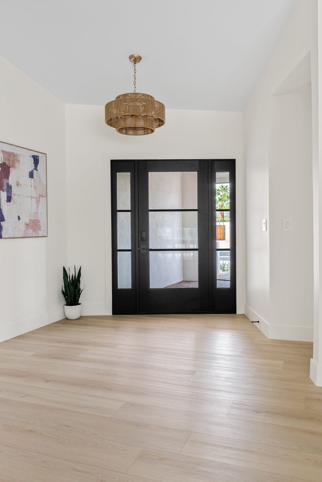 A modern entryway features light wood floors, white walls, and black glass double doors flanked by sidelights. A woven chandelier hangs overhead, an abstract painting is on the left wall, and a snake plant sits below it.